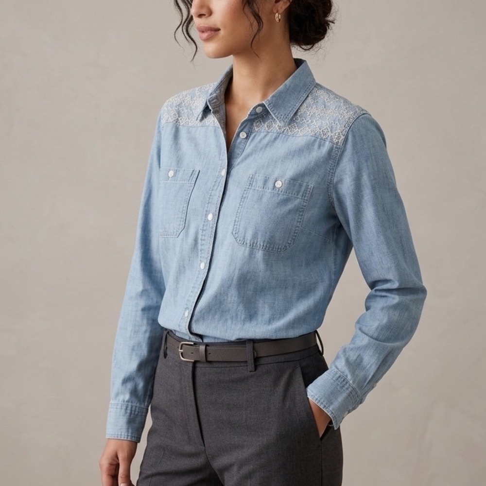 Chaps Denim Embroidered Womens XL Chambray Button Down Shirt Western Boho